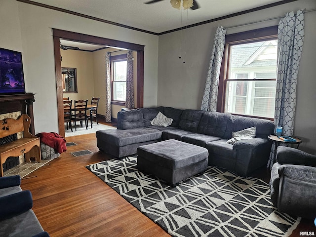 107 W Lincoln St, Harrisburg, IL 62946 - living room with crown molding, visible vents, a ceiling fan, and wood finished floors