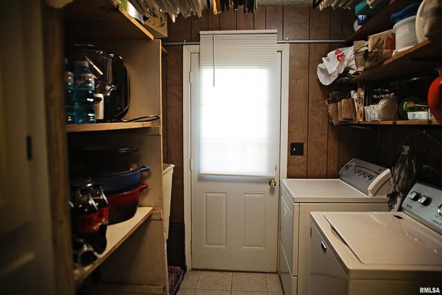 11648 Trolley Line Rd, Marion, IL 62959 - washroom featuring wooden walls, laundry area, washing machine and clothes dryer, and light tile patterned flooring