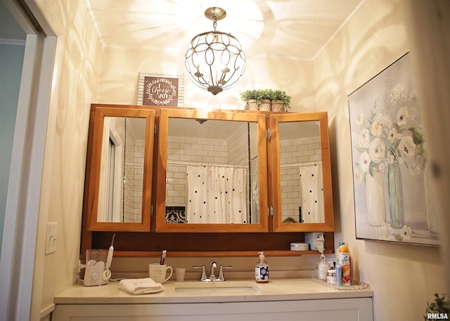 11648 Trolley Line Rd, Marion, IL 62959 - bathroom featuring a chandelier, vanity, and ornamental molding