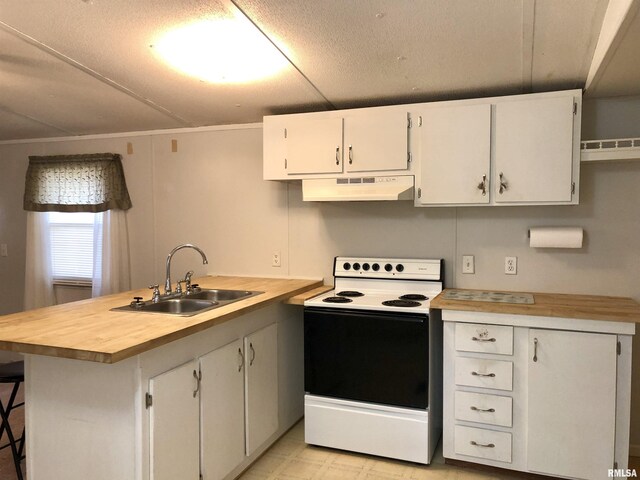 11648 Trolley Line Rd, Marion, IL 62959 - kitchen featuring a peninsula, white cabinetry, under cabinet range hood, white electric range, and a sink