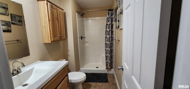 full bathroom with tile patterned flooring, vanity, a stall shower, and toilet
