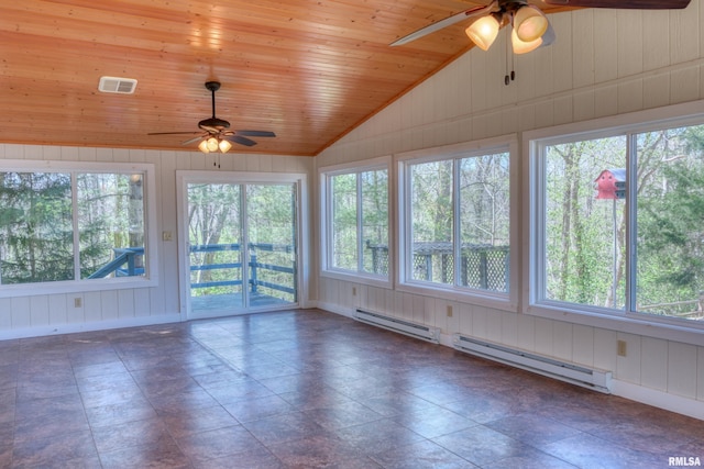 unfurnished sunroom with visible vents, a wealth of natural light, baseboard heating, and lofted ceiling
