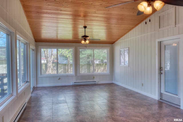 unfurnished sunroom featuring a baseboard radiator, plenty of natural light, vaulted ceiling, and baseboard heating