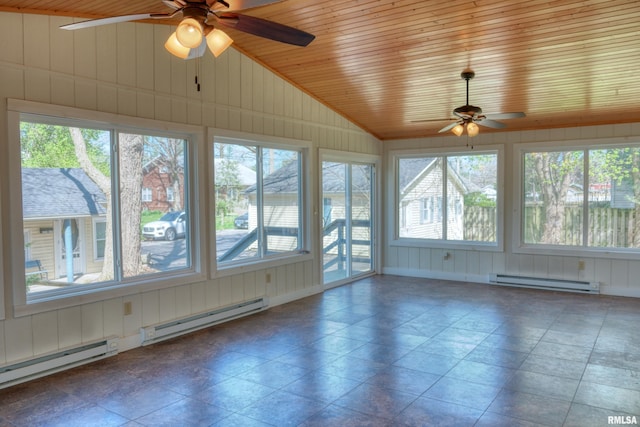 unfurnished sunroom featuring wood walls, a baseboard heating unit, and vaulted ceiling