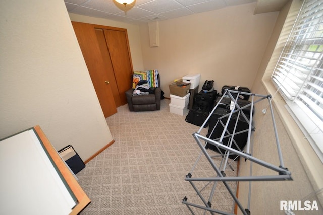 misc room featuring carpet floors and a paneled ceiling