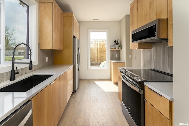 kitchen featuring light wood-style floors, a wealth of natural light, a sink, stainless steel appliances, and light brown cabinets