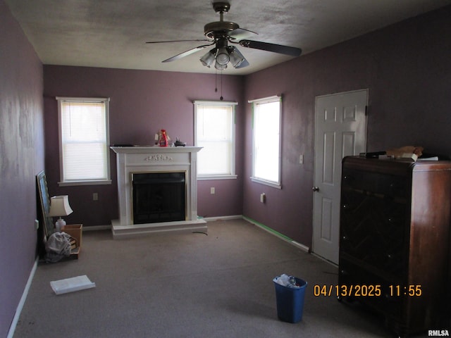 229 S James St, Centralia, IL 62801 - living area with ceiling fan, baseboards, carpet, and a fireplace with raised hearth
