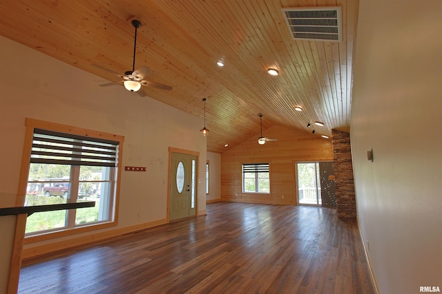 unfurnished living room with a ceiling fan, visible vents, high vaulted ceiling, wood ceiling, and wood finished floors