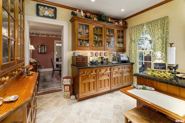 bar featuring recessed lighting, brick floor, baseboards, and ornamental molding