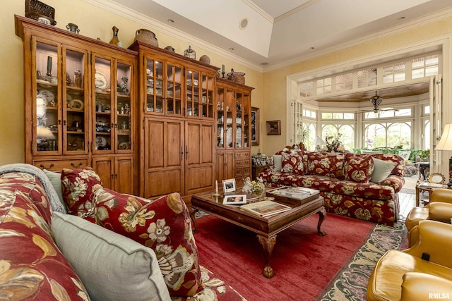 carpeted living room featuring crown molding
