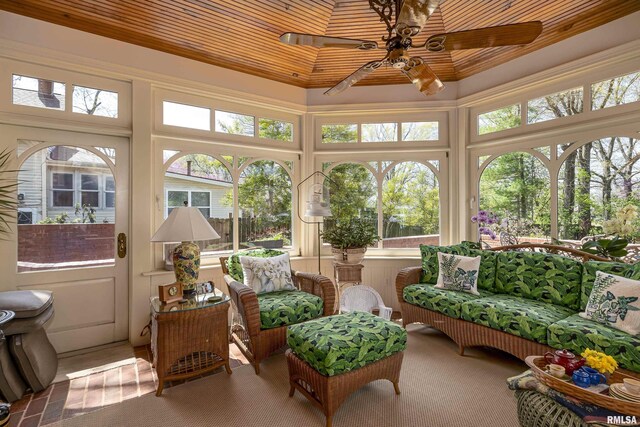 sunroom / solarium featuring plenty of natural light and wood ceiling