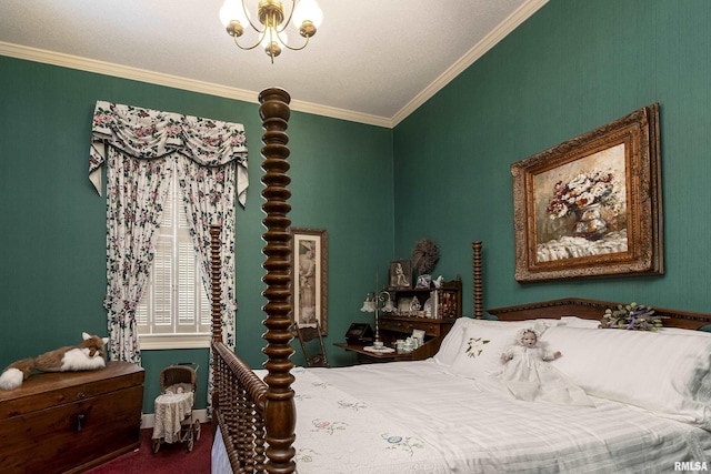bedroom with baseboards, ornamental molding, and carpet floors