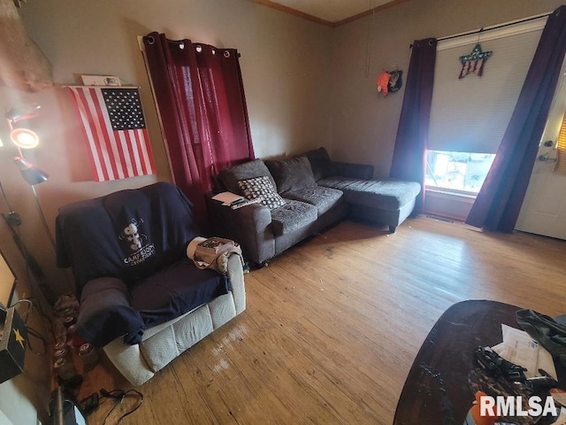 living area with crown molding and wood finished floors