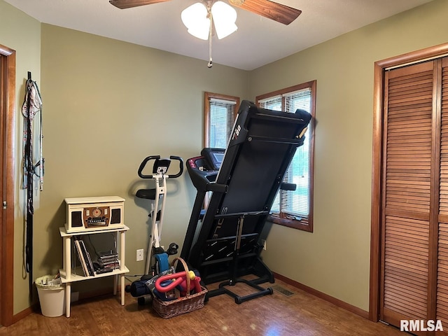 3 Suburban Dr, Murphysboro, IL 62966 - workout area featuring baseboards, wood finished floors, and ceiling fan