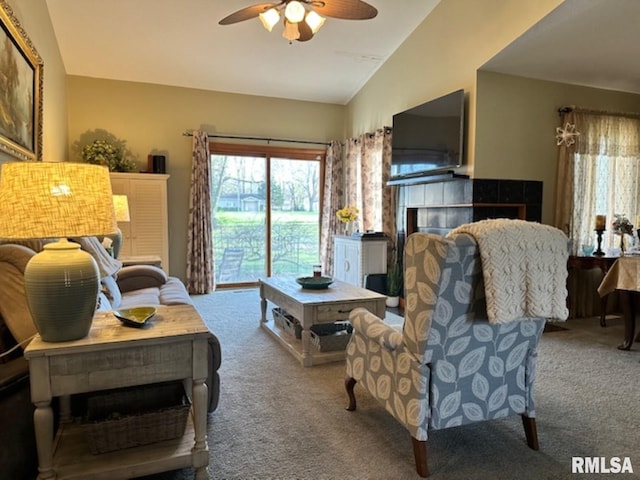 3 Suburban Dr, Murphysboro, IL 62966 - living room with vaulted ceiling, carpet floors, and a ceiling fan