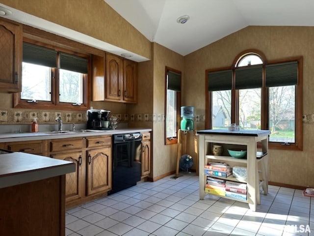 3 Suburban Dr, Murphysboro, IL 62966 - kitchen with black dishwasher, vaulted ceiling, a healthy amount of sunlight, and light tile patterned floors