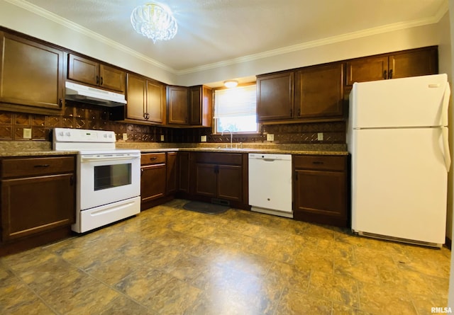 214 W Locust St, Harrisburg, IL 62946 - kitchen featuring dark brown cabinets, under cabinet range hood, white appliances, and crown molding