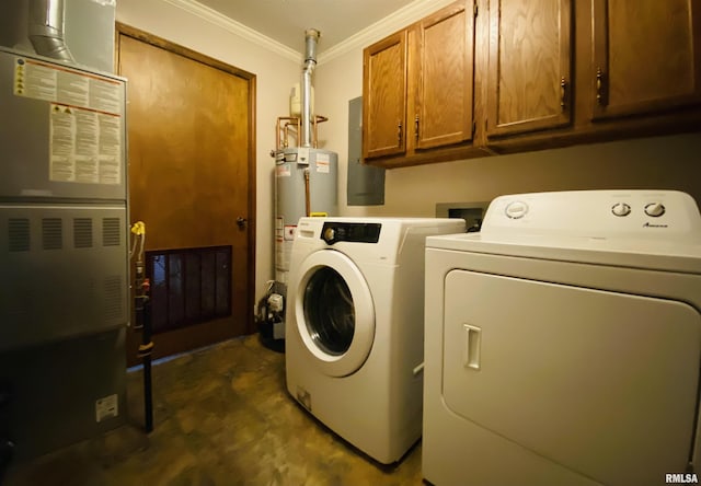 214 W Locust St, Harrisburg, IL 62946 - washroom featuring washing machine and dryer, water heater, ornamental molding, and cabinet space