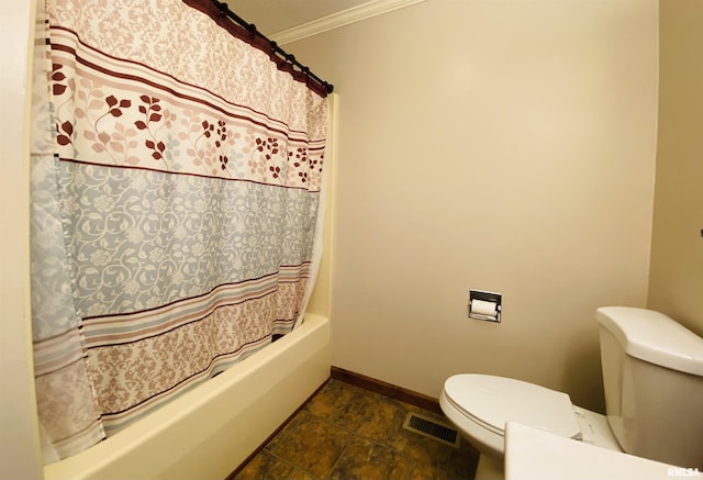 214 W Locust St, Harrisburg, IL 62946 - full bathroom featuring crown molding, shower / bath combination with curtain, baseboards, toilet, and visible vents