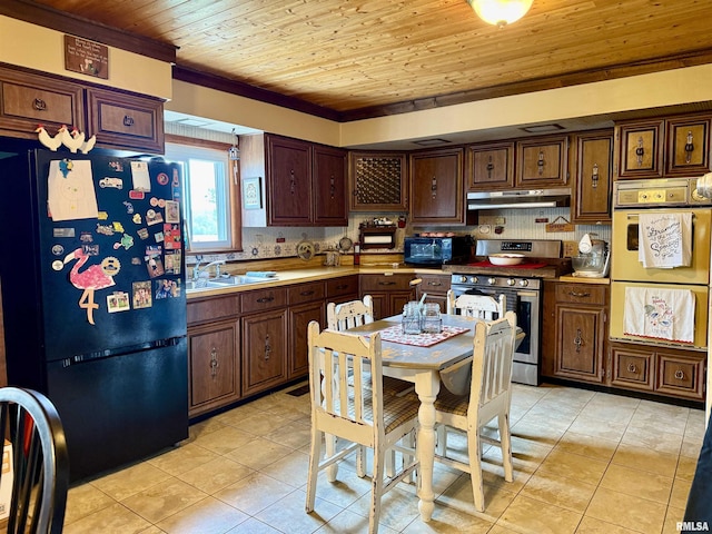 8806 Unionville Rd, Brookport, IL 62910 - kitchen with under cabinet range hood, a sink, light tile patterned floors, and black appliances