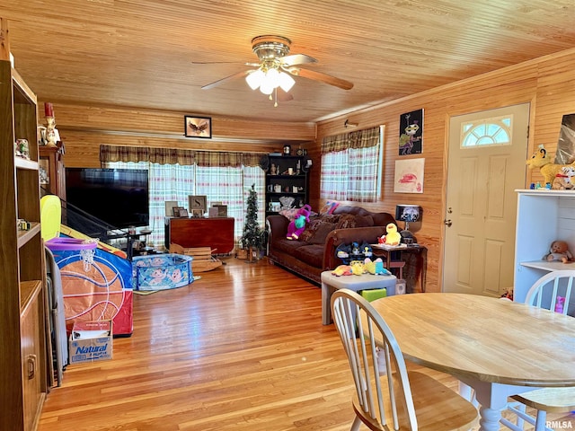 8806 Unionville Rd, Brookport, IL 62910 - living area featuring a ceiling fan, light wood-style flooring, wood ceiling, and wood walls