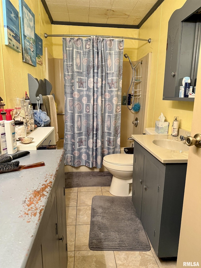 8806 Unionville Rd, Brookport, IL 62910 - bathroom featuring vanity, shower / tub combo with curtain, crown molding, toilet, and tile patterned floors