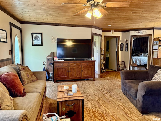 8806 Unionville Rd, Brookport, IL 62910 - living area featuring wood ceiling, ceiling fan, ornamental molding, and light wood-style flooring