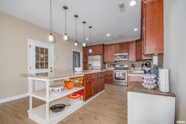 kitchen with open shelves, appliances with stainless steel finishes, light wood-style floors, tasteful backsplash, and a kitchen island