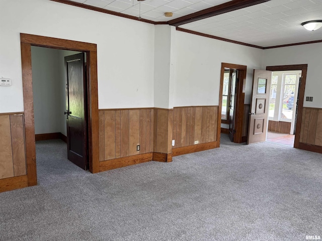 531 N Bush Ave, Hurst, IL 62949 - carpeted empty room with wooden walls, a wainscoted wall, baseboards, and ornamental molding