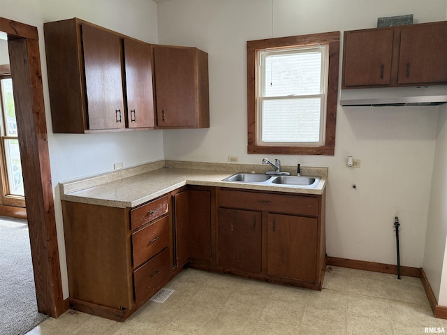 531 N Bush Ave, Hurst, IL 62949 - kitchen with baseboards, light countertops, under cabinet range hood, and a sink