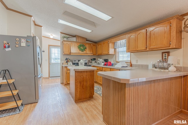 565 Dutton Chapel Rd, Golconda, IL 62938 - kitchen with light wood-type flooring, stainless steel appliances, a peninsula, and ornamental molding