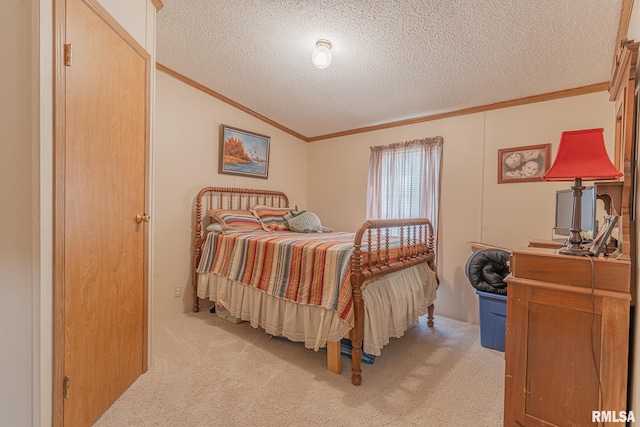 565 Dutton Chapel Rd, Golconda, IL 62938 - carpeted bedroom with lofted ceiling, a textured ceiling, and crown molding