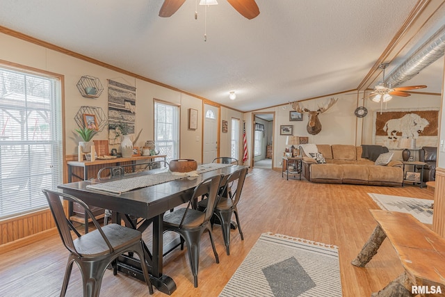 565 Dutton Chapel Rd, Golconda, IL 62938 - dining space with light wood-style flooring, a textured ceiling, wainscoting, a ceiling fan, and crown molding