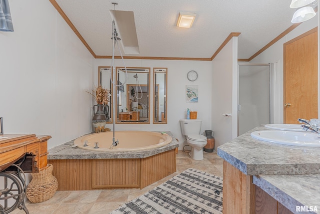565 Dutton Chapel Rd, Golconda, IL 62938 - bathroom featuring a bath, crown molding, a stall shower, and toilet