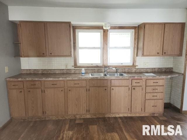 317 N Washington St, Sparta, IL 62286 - kitchen with dark wood finished floors, tasteful backsplash, baseboards, and a sink