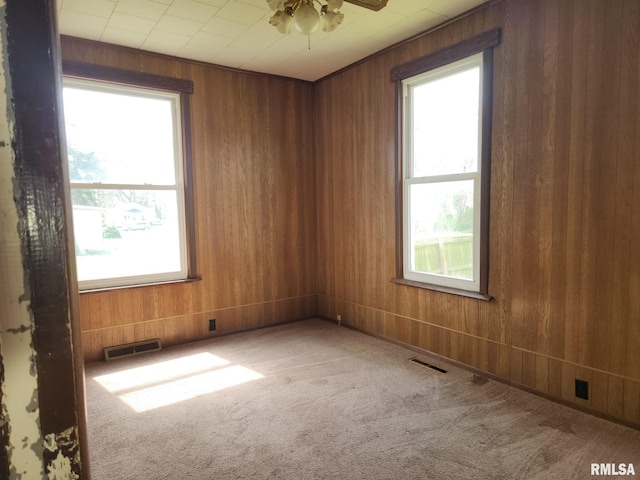 317 N Washington St, Sparta, IL 62286 - carpeted empty room featuring visible vents, wood walls, and a wealth of natural light