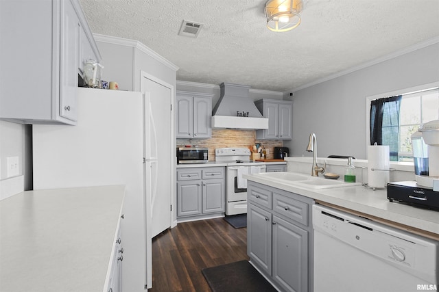 102 E Woolcott St, Harrisburg, IL 62946 - kitchen featuring premium range hood, gray cabinetry, a sink, and white appliances
