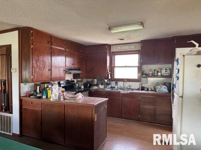 kitchen with a sink, stainless steel range with electric stovetop, a peninsula, visible vents, and freestanding refrigerator