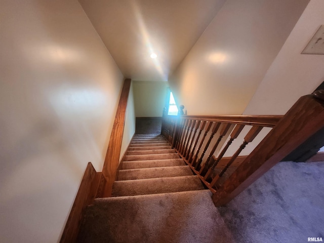 stairway featuring lofted ceiling and carpet flooring
