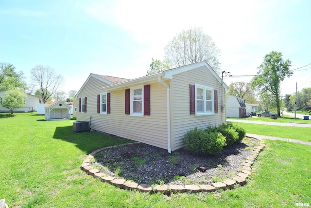 view of property exterior with a lawn and central AC unit