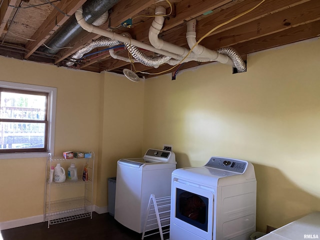 laundry room featuring baseboards, washer and clothes dryer, and laundry area