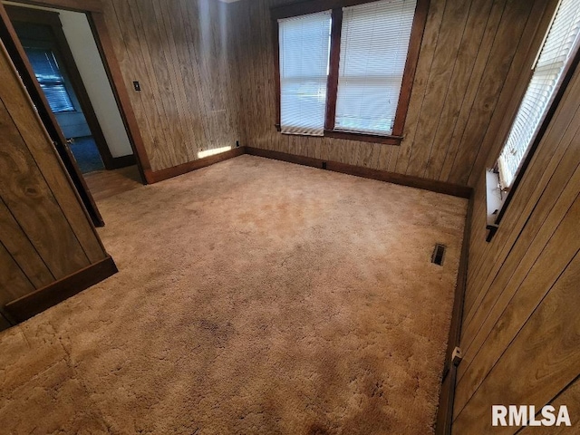 unfurnished bedroom with wooden walls, carpet flooring, and baseboards