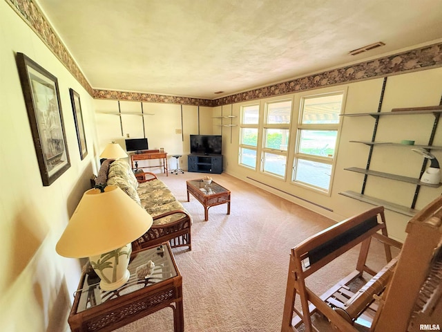 carpeted living area featuring visible vents and baseboard heating