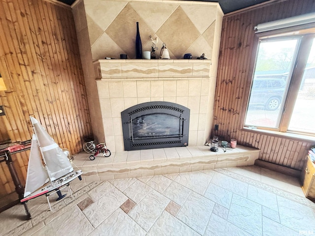 interior details featuring wooden walls and a fireplace