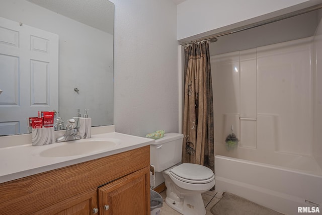 full bath featuring shower / bath combination with curtain, toilet, tile patterned flooring, and vanity