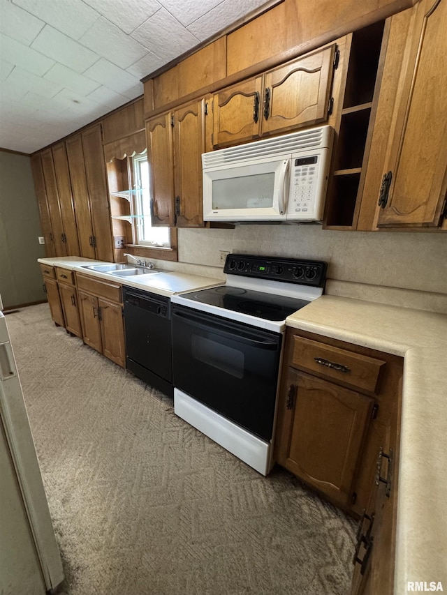 kitchen with electric stove, open shelves, dishwasher, and white microwave