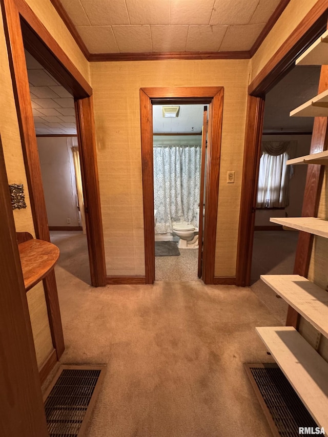 hall with visible vents, crown molding, and carpet