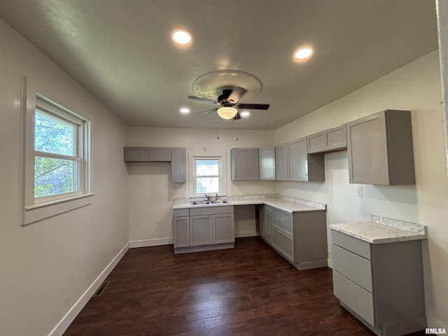 1014 E Broadway St, Centralia, IL 62801 - kitchen with gray cabinets, a sink, a ceiling fan, dark wood-style flooring, and recessed lighting