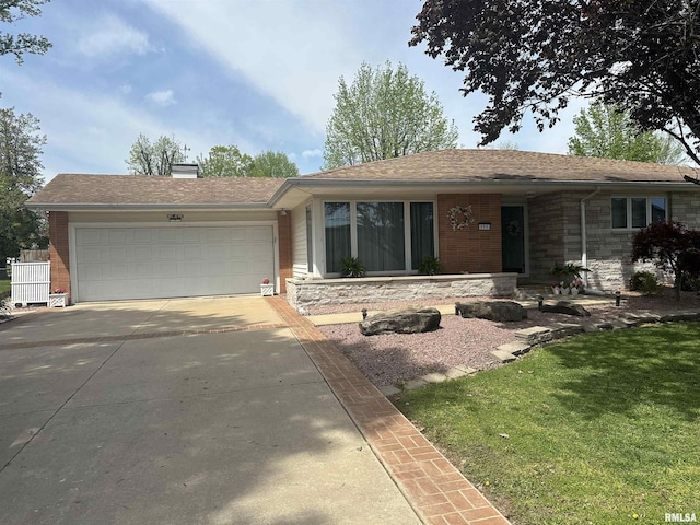 single story home with concrete driveway, stone siding, a chimney, a front lawn, and a garage