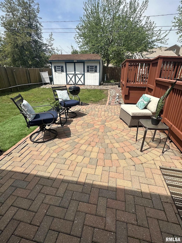 view of patio / terrace with a fenced backyard, a shed, and an outbuilding